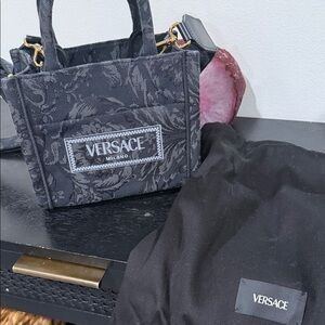 Versace Black Brocade Mini Tote with Gold-Tone Hardware